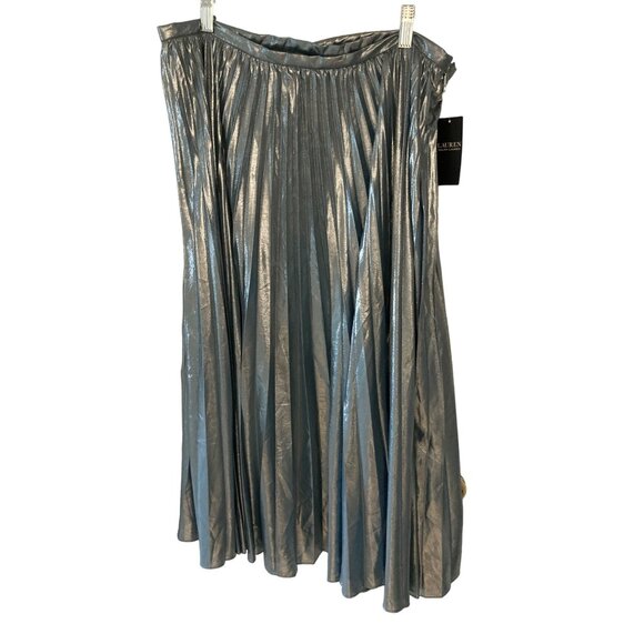 NWT LAUREN RALPH LAUREN PLEATED METALLIC CHIFFON SKIRT HIGHLAND SEASILVER FOIL 1 - Picture 3 of 8